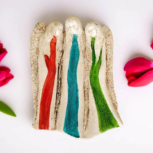 Anioły Wiara Nadzieja Miłość - pomarańcz turkus zieleń -  28 x 20 cm figurka dekoracyjna gipsowa