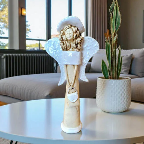 Anioł Coco - biały -  30 x 14 cm figurka dekoracyjna gipsowa