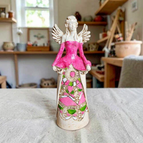Anioł Anna - różowy -  35 x 15 cm figurka dekoracyjna gipsowa