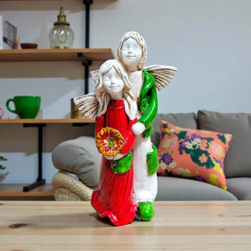 Anioł Allen & Alice - czerwony zielony -  25 x 14 cm figurka dekoracyjna gipsowa
