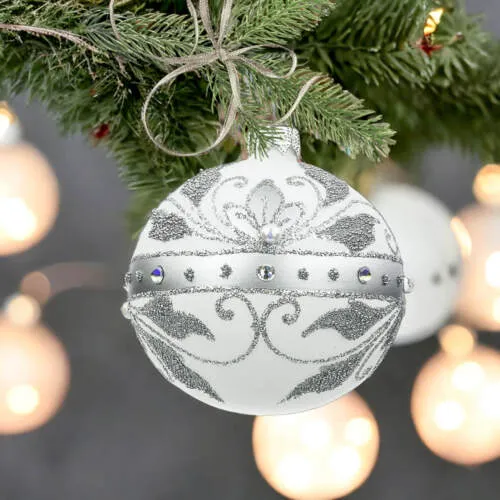 Bombki Królewskie srebrne na białej kredzie -  80 mm  bombki choinkowe szklane 4 szt