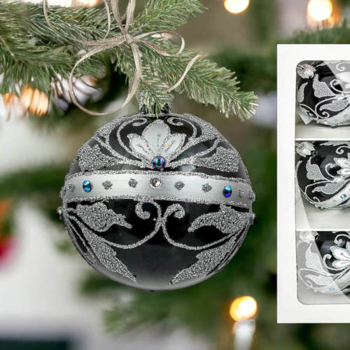 Bombki Królewskie srebrne na czarnej porcelanie -  80 mm  bombki choinkowe szklane