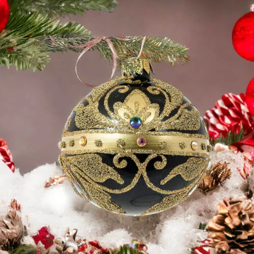 Bombki Królewskie złote na czarnej porcelanie -  80 mm  bombki choinkowe szklane 4 szt