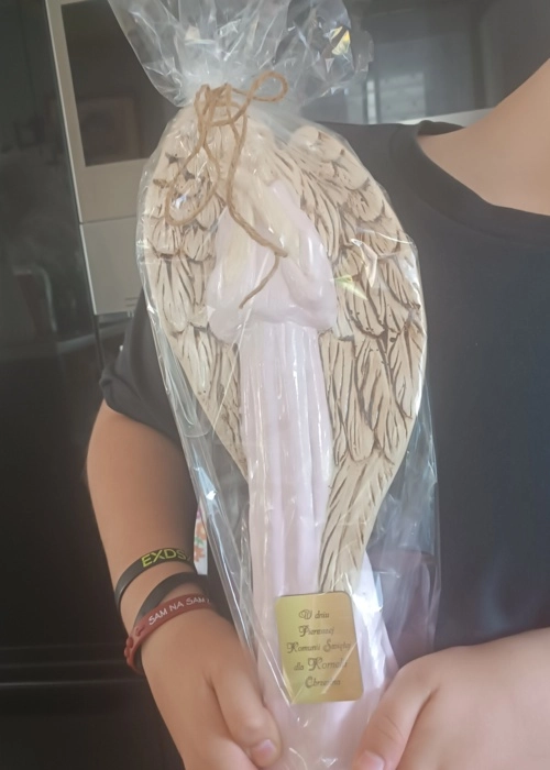 Anioł Gabriel - różowy -  40 x 18 cm figurka dekoracyjna gipsowa