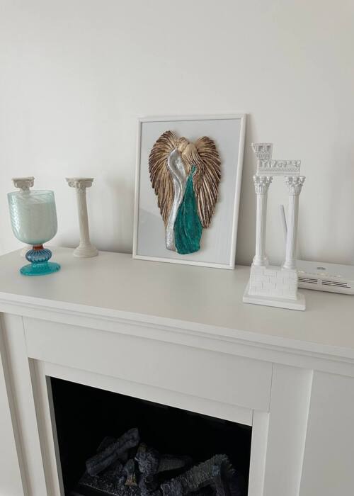 Zakochane Anioły + ramka - wiszące srebrno turkusowe -  35 x 21 cm figurka dekoracyjna gipsowa