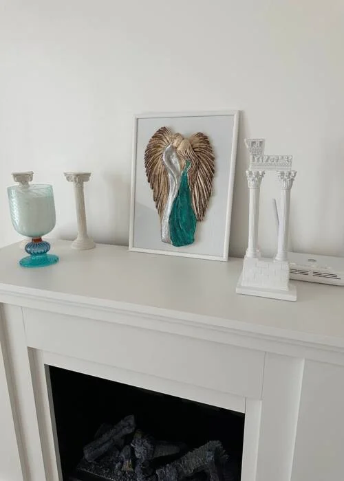 Zakochane Anioły + ramka - wiszące srebrno turkusowe -  35 x 21 cm figurka dekoracyjna gipsowa