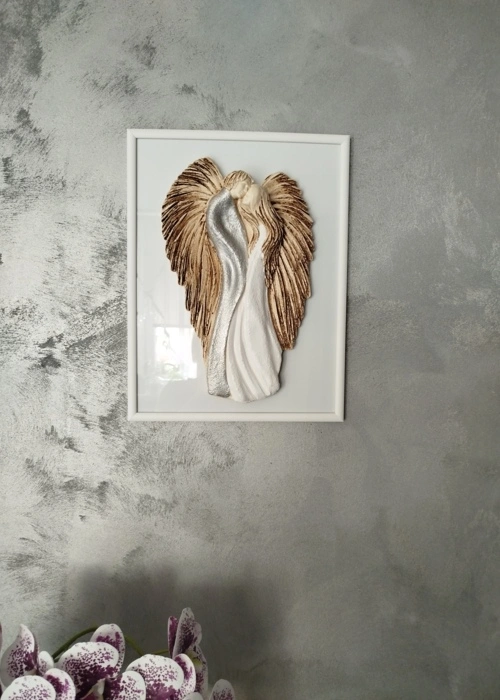 Zakochane Anioły + ramka - wiszące srebrne -  35 x 21 cm figurka dekoracyjna gipsowa