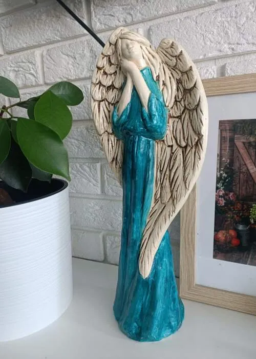 Anioł Gabriel - turkus -  40 x 18 cm figurka dekoracyjna gipsowa