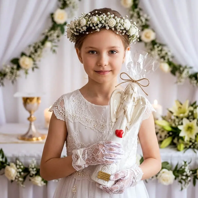 Prezent na I Komunię od matki chrzestnej - Anioł z sercem